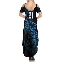 New Zealand Lawn Bowls Custom Summer Maxi Dress Blue Maori Warrior Tribal Silver Fern - Polynesian Pride