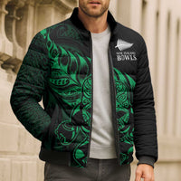 New Zealand Lawn Bowls Custom Bomber Puffer Jacket Green Maori Warrior Tribal Silver Fern - Polynesian Pride