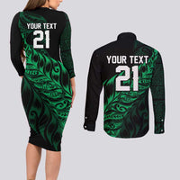New Zealand Lawn Bowls Custom Couples Matching Long Sleeve Bodycon Dress and Long Sleeve Button Shirt Green Maori Warrior Tribal Silver Fern - Polynesian Pride