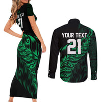 New Zealand Lawn Bowls Custom Couples Matching Short Sleeve Bodycon Dress and Long Sleeve Button Shirt Green Maori Warrior Tribal Silver Fern - Polynesian Pride