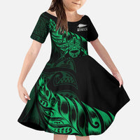 New Zealand Lawn Bowls Custom Family Matching Off Shoulder Short Dress and Hawaiian Shirt Green Maori Warrior Tribal Silver Fern LT9 Daughter's Dress Green - Polynesian Pride