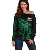 New Zealand Lawn Bowls Custom Off Shoulder Sweater Green Maori Warrior Tribal Silver Fern - Polynesian Pride