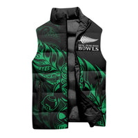 New Zealand Lawn Bowls Custom Sleeveless Puffer Jacket Green Maori Warrior Tribal Silver Fern - Polynesian Pride