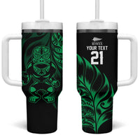 New Zealand Lawn Bowls Custom Tumbler With Handle Green Maori Warrior Tribal Silver Fern - Polynesian Pride