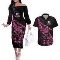 New Zealand Lawn Bowls Custom Couples Matching Off The Shoulder Long Sleeve Dress and Hawaiian Shirt Pink Maori Warrior Tribal Silver Fern - Polynesian Pride