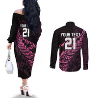 New Zealand Lawn Bowls Custom Couples Matching Off The Shoulder Long Sleeve Dress and Long Sleeve Button Shirt Pink Maori Warrior Tribal Silver Fern - Polynesian Pride