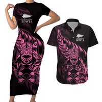 New Zealand Lawn Bowls Custom Couples Matching Short Sleeve Bodycon Dress and Hawaiian Shirt Pink Maori Warrior Tribal Silver Fern - Polynesian Pride