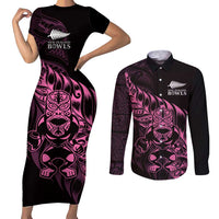 New Zealand Lawn Bowls Custom Couples Matching Short Sleeve Bodycon Dress and Long Sleeve Button Shirt Pink Maori Warrior Tribal Silver Fern - Polynesian Pride