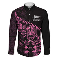 New Zealand Lawn Bowls Custom Family Matching Long Sleeve Bodycon Dress and Hawaiian Shirt Pink Maori Warrior Tribal Silver Fern LT9 Dad's Shirt - Long Sleeve Pink - Polynesian Pride