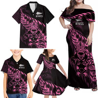 New Zealand Lawn Bowls Custom Family Matching Off Shoulder Maxi Dress and Hawaiian Shirt Pink Maori Warrior Tribal Silver Fern - Polynesian Pride