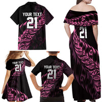 New Zealand Lawn Bowls Custom Family Matching Off Shoulder Maxi Dress and Hawaiian Shirt Pink Maori Warrior Tribal Silver Fern - Polynesian Pride