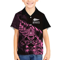 New Zealand Lawn Bowls Custom Family Matching Off Shoulder Maxi Dress and Hawaiian Shirt Pink Maori Warrior Tribal Silver Fern LT9 Son's Shirt Pink - Polynesian Pride
