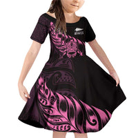 New Zealand Lawn Bowls Custom Family Matching Off Shoulder Short Dress and Hawaiian Shirt Pink Maori Warrior Tribal Silver Fern - Polynesian Pride