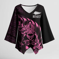 New Zealand Lawn Bowls Custom Kimono Sleeve Blouse Pink Maori Warrior Tribal Silver Fern - Polynesian Pride
