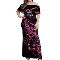 New Zealand Lawn Bowls Custom Off Shoulder Maxi Dress Pink Maori Warrior Tribal Silver Fern - Polynesian Pride