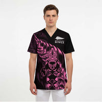 New Zealand Lawn Bowls Custom Scrub Top Pink Maori Warrior Tribal Silver Fern - Polynesian Pride