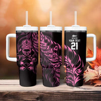 New Zealand Lawn Bowls Custom Tumbler With Handle Pink Maori Warrior Tribal Silver Fern - Polynesian Pride