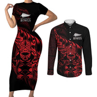 New Zealand Lawn Bowls Custom Couples Matching Short Sleeve Bodycon Dress and Long Sleeve Button Shirt Red Maori Warrior Tribal Silver Fern - Polynesian Pride