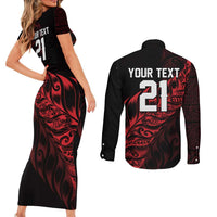 New Zealand Lawn Bowls Custom Couples Matching Short Sleeve Bodycon Dress and Long Sleeve Button Shirt Red Maori Warrior Tribal Silver Fern - Polynesian Pride