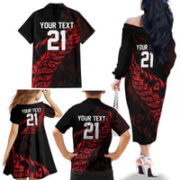 New Zealand Lawn Bowls Custom Family Matching Off The Shoulder Long Sleeve Dress and Hawaiian Shirt Red Maori Warrior Tribal Silver Fern - Polynesian Pride