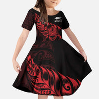 New Zealand Lawn Bowls Custom Kid Short Sleeve Dress Red Maori Warrior Tribal Silver Fern LT9 KID Red - Polynesian Pride
