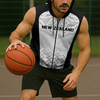 World Football 2026 New Zealand Custom Sleeveless Zip Hoodie All White Fern Maori Tribal - Polynesian Pride