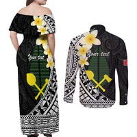 Alo Chiefdom Wallis and Futuna Personalized Couples Matching Off Shoulder Maxi Dress and Long Sleeve Button Shirt Frangipani Flowers Polynesian Pattern