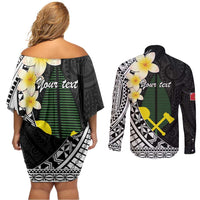Alo Chiefdom Wallis and Futuna Personalized Couples Matching Off Shoulder Short Dress and Long Sleeve Button Shirt Frangipani Flowers Polynesian Pattern