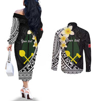 Alo Chiefdom Wallis and Futuna Personalized Couples Matching Off The Shoulder Long Sleeve Dress and Long Sleeve Button Shirt Frangipani Flowers Polynesian Pattern