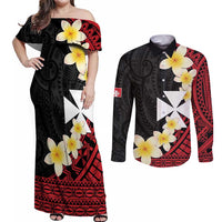 Uvea Chiefdom Wallis and Futuna Personalized Couples Matching Off Shoulder Maxi Dress and Long Sleeve Button Shirt Frangipani Flowers Polynesian Pattern