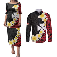 Uvea Chiefdom Wallis and Futuna Personalized Couples Matching Puletasi and Long Sleeve Button Shirt Frangipani Flowers Polynesian Pattern
