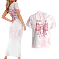 New Zealand Nurses RN Personalised Couples Matching Short Sleeve Bodycon Dress and Hawaiian Shirt Pink Stethoscope Coquette Bow Maori Motif
