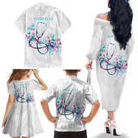 New Zealand Nurses RN Personalised Family Matching Off The Shoulder Long Sleeve Dress and Hawaiian Shirt Stethoscope Floral Maori Motif