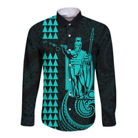 Custom Hawaii Long Sleeve Button Shirt King Kamehameha - Turquoise LT9 Unisex Turquoise - Polynesian Pride