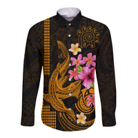 Custom Polynesian Long Sleeve Button Shirt Hawaiian Warriors with Tribal Shark Tattoos - Gold LT9 Unisex Gold - Polynesian Pride