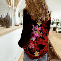 Custom Polynesian Women Casual Shirt Hawaiian Warriors with Tribal Shark Tattoos - Red LT9 - Polynesian Pride