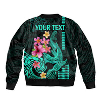 Custom Polynesian Bomber Jacket Hawaiian Warriors with Tribal Shark Tattoos - Turquoise LT9 - Polynesian Pride
