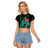 Custom Polynesian Raglan Cropped T Shirt Hawaiian Warriors with Tribal Shark Tattoos - Turquoise LT9 Female Turquoise - Polynesian Pride