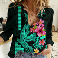 Custom Polynesian Women Casual Shirt Hawaiian Warriors with Tribal Shark Tattoos - Turquoise LT9 Female Turquoise - Polynesian Pride