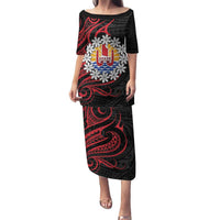 Tahitian Coat Of Arm and Tiare Flower Family Matching Puletasi and Hawaiian Shirt Polynesian Tribal Tattoo