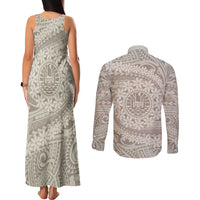 Tahitian Tiare Flower Couples Matching Tank Maxi Dress and Long Sleeve Button Shirt Beige Polynesian Pattern