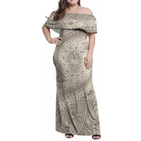 Tahitian Tiare Flower Family Matching Off Shoulder Maxi Dress and Hawaiian Shirt Beige Polynesian Pattern