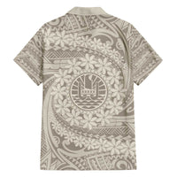 Tahitian Tiare Flower Family Matching Off Shoulder Short Dress and Hawaiian Shirt Beige Polynesian Pattern