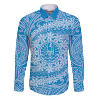 Tahitian Tiare Flower Family Matching Off Shoulder Short Dress and Hawaiian Shirt Blue Polynesian Pattern