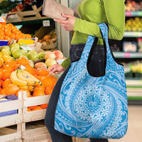 Tahitian Tiare Flower Grocery Bag Blue Polynesian Pattern