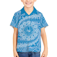 Tahitian Tiare Flower Kid Hawaiian Shirt Blue Polynesian Pattern