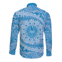 Tahitian Tiare Flower Long Sleeve Button Shirt Blue Polynesian Pattern