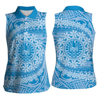 Tahitian Tiare Flower Women Sleeveless Polo Shirt Blue Polynesian Pattern