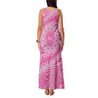 Tahitian Tiare Flower Family Matching Tank Maxi Dress and Hawaiian Shirt Pink Polynesian Pattern