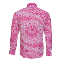Tahitian Tiare Flower Long Sleeve Button Shirt Pink Polynesian Pattern